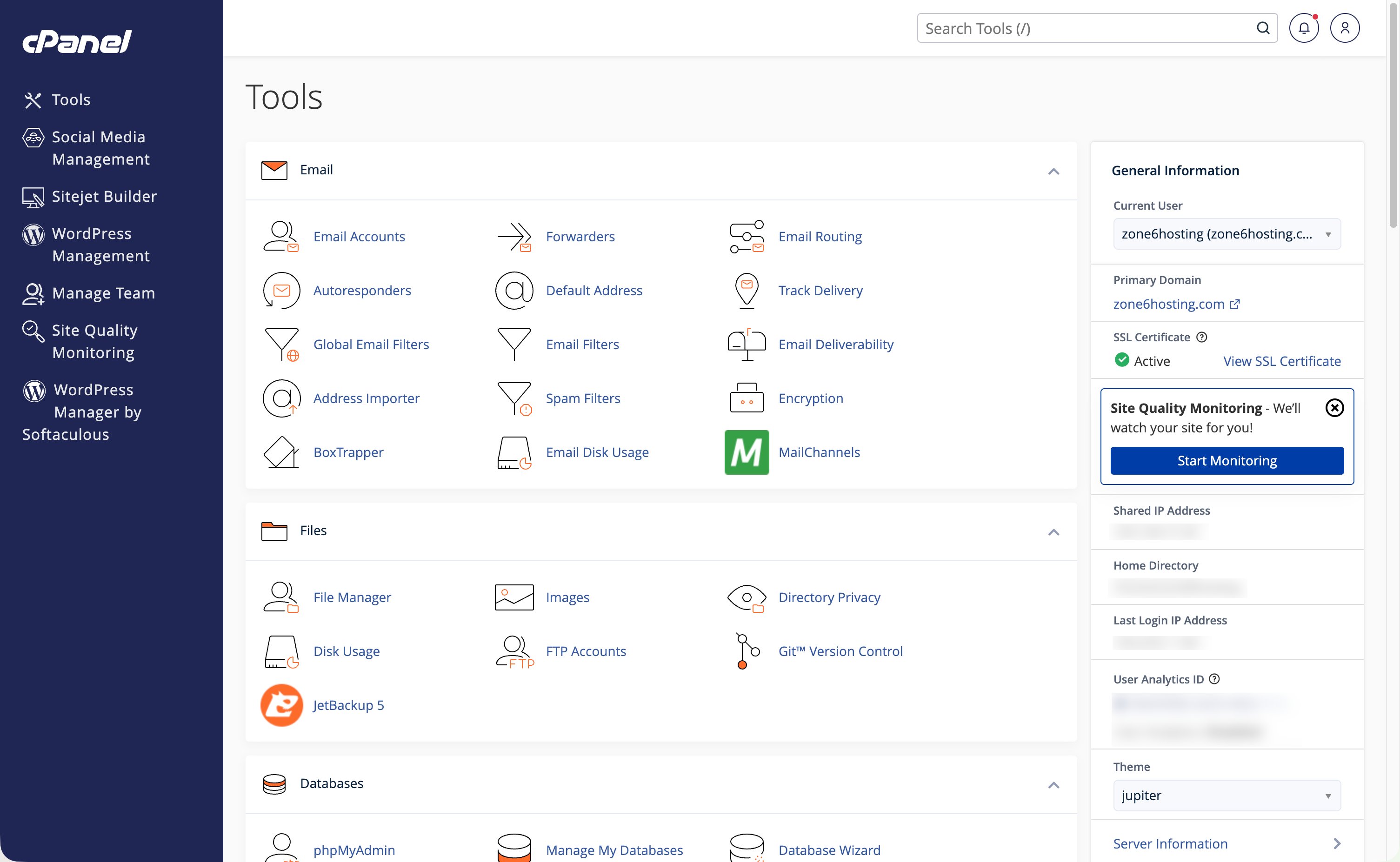 cPanel control panel interface showing email, file management, and database tools